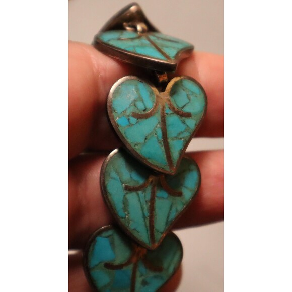Sterling Turquoise Bracelet Earrings Set Mosaic Heart Leaves Mexican ? - Picture 6 of 16